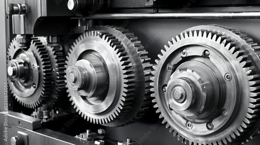 A close-up view of interlocking metallic gears, showcasing intricate design and industrial engineering for mechanical systems.