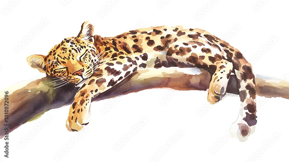 Watercolor Illustration of a Sleeping Leopard on a Branch. Watercolor Illustration of a Sleeping Leopard on a Branch.