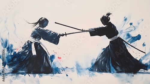 Watercolor Painting of Two Samurai Sword Fighting. photo