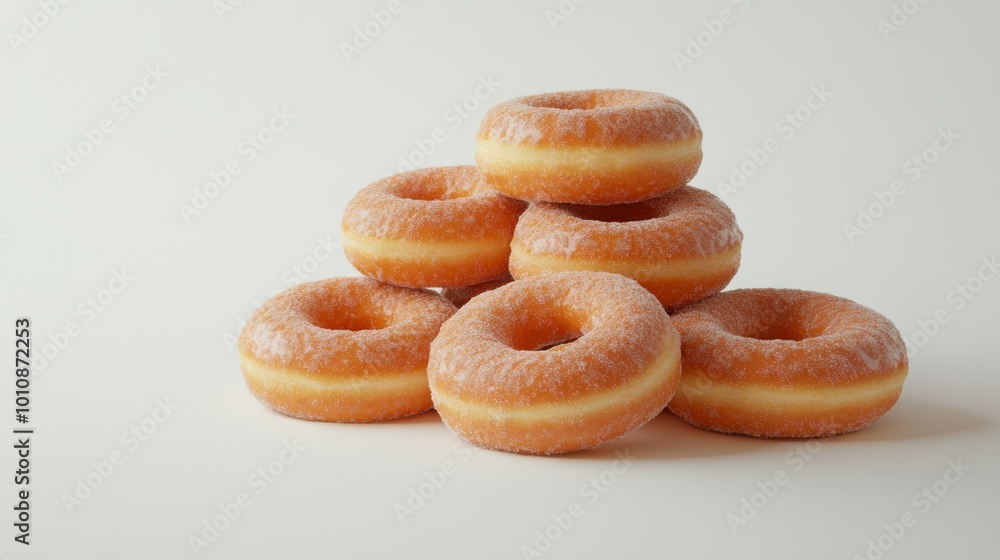 A pile of donuts against a plain white backdrop. A pile of donuts against a plain white backdrop.