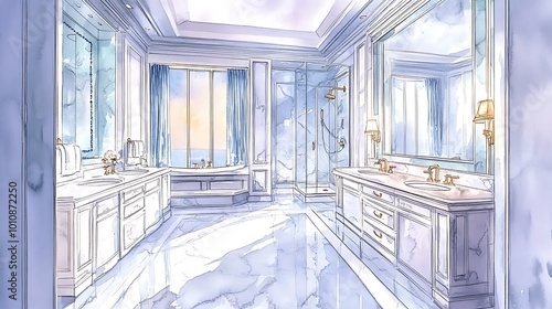 Watercolor Sketch of a Luxurious Bathroom Interior Design.