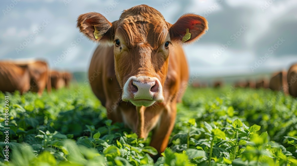 A close-up of a brown cow in a lush green field under a cloudy sky, showcasing its calm demeanor and the beauty of rural life.