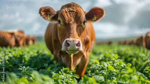 Obraz na płótnie A close-up of a brown cow in a lush green field under a cloudy sky, showcasing its calm demeanor and the beauty of rural life. w salonie