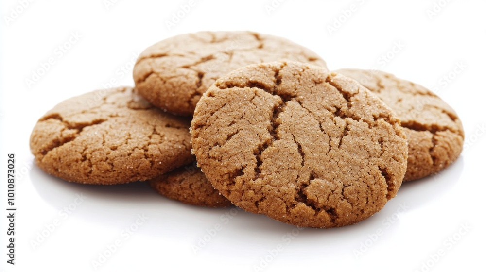A pile of ginger cookies on a white background. A pile of ginger cookies on a white background.