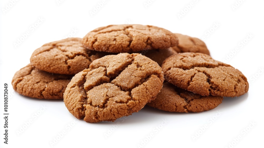 A pile of ginger cookies on a white background. A pile of ginger cookies on a white background.