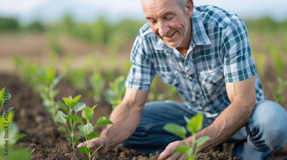 A senior man tends to young plants, showcasing his connection to agriculture and nurturing growth in a field of green shoots.