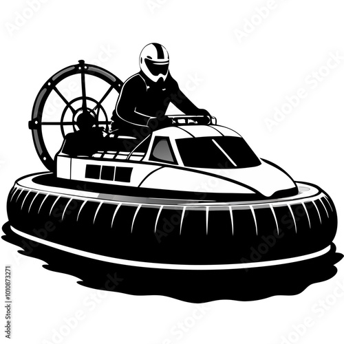 Hovercraft Adventure: A stylized black and white illustration of a hovercraft speeding across the water, driven by a helmeted pilot. Perfect for adventure, speed, and technology themes. 