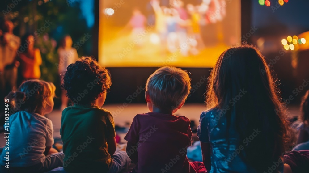 Children watching an outdoor movie, cozy setting, vibrant screen illuminating faces, excited atmosphere, friends enjoying a summer night together, memories in the making Children watching an outdoor movie, cozy setting, vibrant screen illuminating faces, excited atmosphere, friends enjoying a summer night together, memories in the making