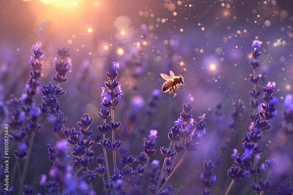Bee Hovering Above Lavender Flowers in a Field Bee Hovering Above Lavender Flowers in a Field