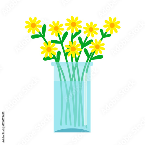 Flower in vase. Bouquet of yellow daisy chamomile flowers set collection. Transparent glass vases with blue water. Cute colorful icon. Ceramic Pottery decoration. White background. Flat design. Vector