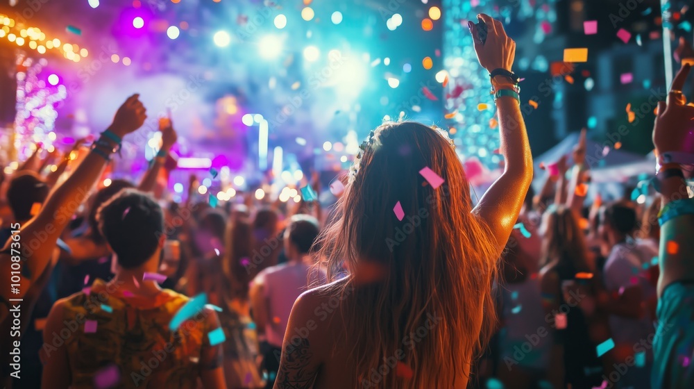 A vibrant music festival buzzes with dancing crowds, colorful lights, and a dazzling DJ. A vibrant music festival buzzes with dancing crowds, colorful lights, and a dazzling DJ.