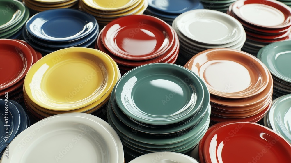 A pile of plates in different colors. A pile of plates in different colors.
