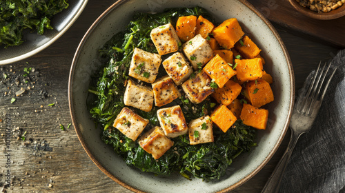 A plant-based meal featuring tofu, sauted spinach, and roasted sweet potatoes, offering a balanced and nutritious vegan option