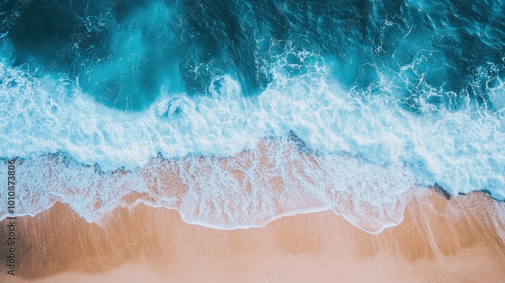 Φωτογραφία Top-down view of ocean waves breaking onto a peaceful Vietnam beach, with shades of blue and sandy textures creating a perfect holiday background