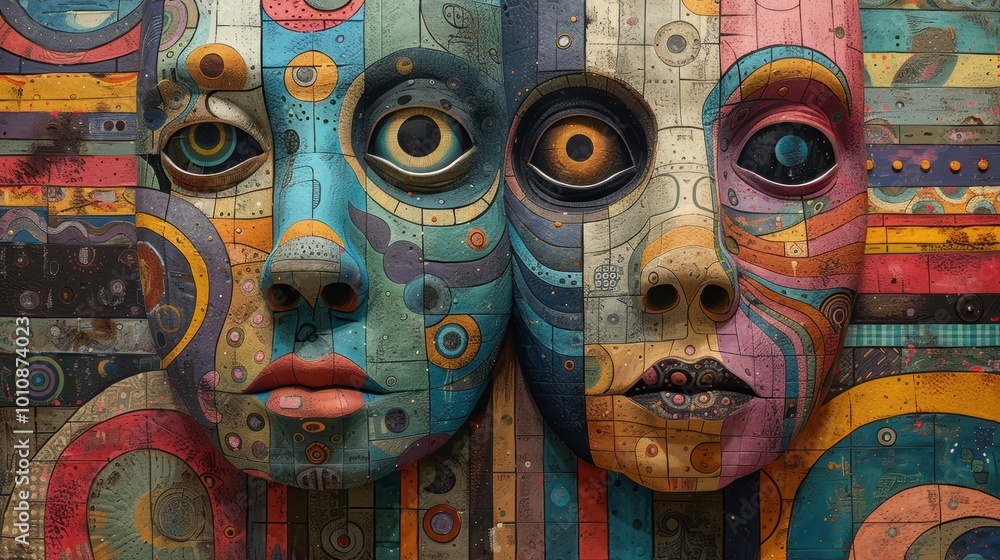 A vibrant, artistic portrayal of two interconnected faces, showcasing colorful patterns and textures, blending abstract and human features.
