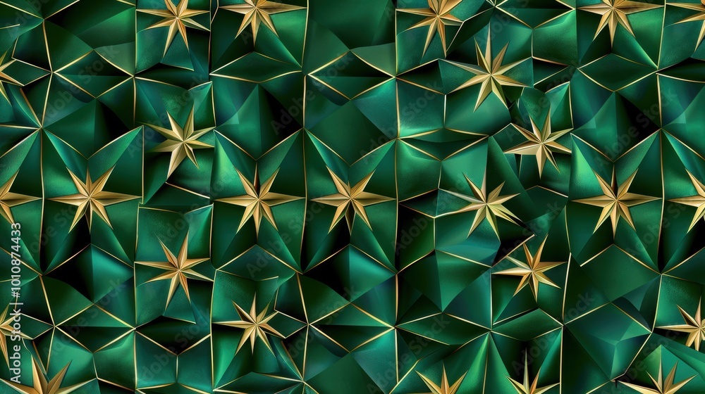 A vibrant, geometric pattern featuring green and gold elements, creating a captivating texture with star-like shapes.