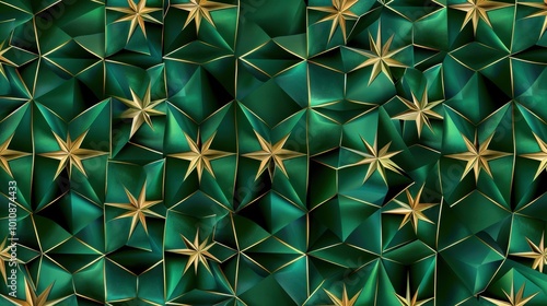 Obraz na płótnie A vibrant, geometric pattern featuring green and gold elements, creating a captivating texture with star-like shapes. w salonie