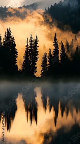 A serene lake surrounded by tall pine trees, reflecting the golden light of sunrise with mist rising from its surface