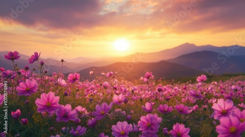 Vibrant cosmos flowers bloom in a wide field  stretching towards distant mountains under a glowing sunset  creating a peaceful and scenic landscape.