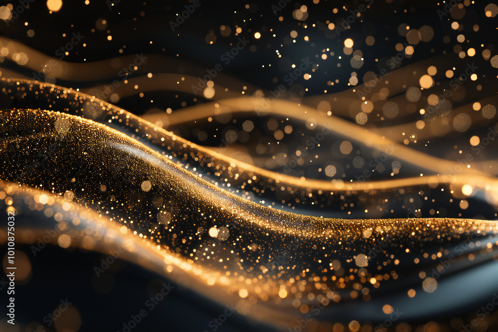 Elegant abstract design with flowing gold textures and sparkling particles in motion
Elegant abstract design with flowing gold textures and sparkling particles in motion