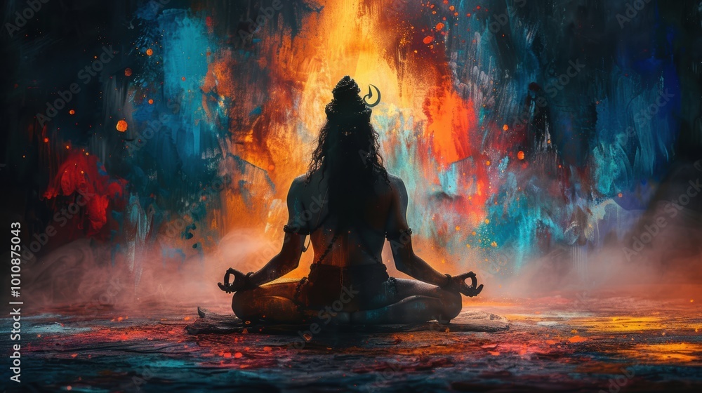 A silhouette meditates against a colorful, fiery backdrop, embodying tranquility and spiritual enlightenment.