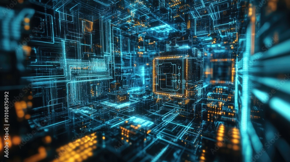 Virtual space filled with complex 3D fractal geometry, with a highlighted CPU symbol in perspective, capturing the essence of modern computing and IT infrastructure. Virtual space filled with complex 3D fractal geometry, with a highlighted CPU symbol in perspective, capturing the essence of modern computing and IT infrastructure.
