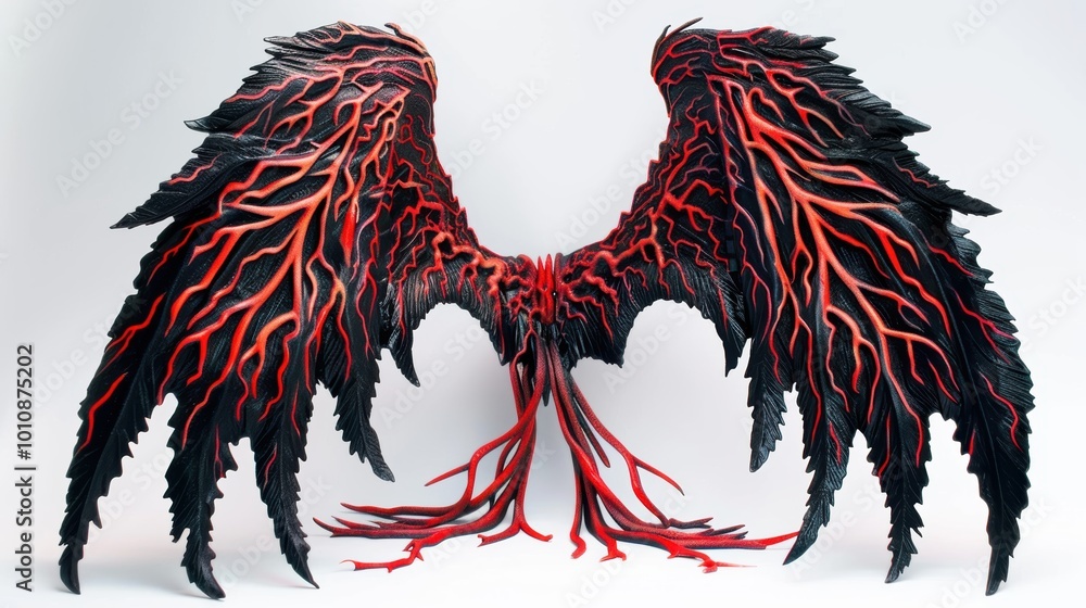 A striking sculptural representation of wings, featuring intricate designs with a blend of dark and vibrant red colors, resembling a mythical creature.