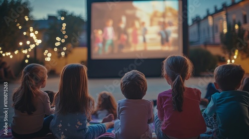 Children captivated by an outdoor movie, surrounded by glowing fairy lights, enjoying a magical moment together on a cozy evening, laughter and imagination in the air