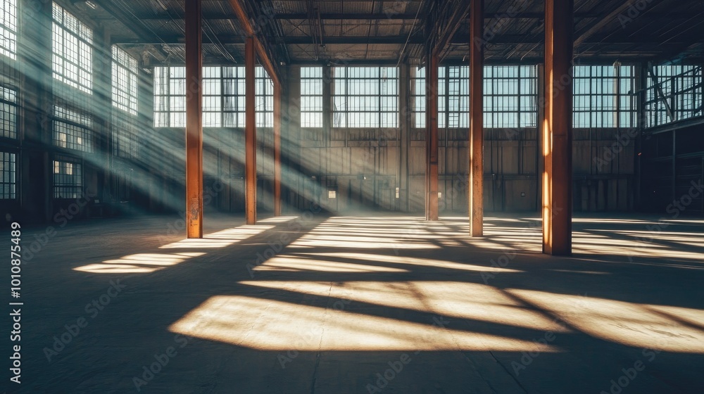 Warm beams of sunlight streaming into an empty warehouse, casting intricate shadows from the exposed steel columns and rough concrete floor. Warm beams of sunlight streaming into an empty warehouse, casting intricate shadows from the exposed steel columns and rough concrete floor.