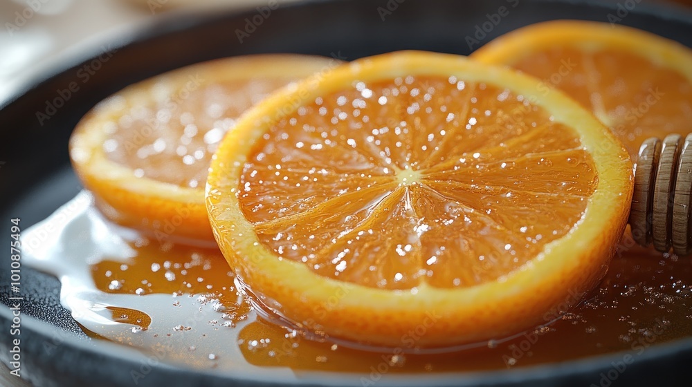 Slices of orange in honey, highlighting a fresh and sweet treat. Slices of orange in honey, highlighting a fresh and sweet treat.