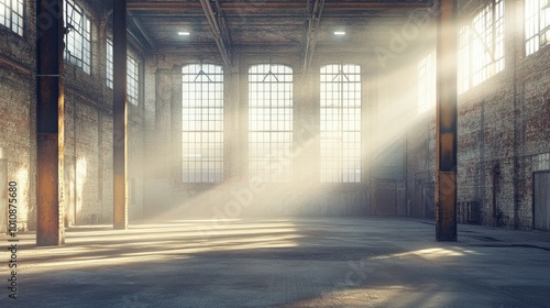 Warm sunlight streams into a weathered industrial warehouse, highlighting the rough textures of exposed brick walls and steel support columns in the open space.