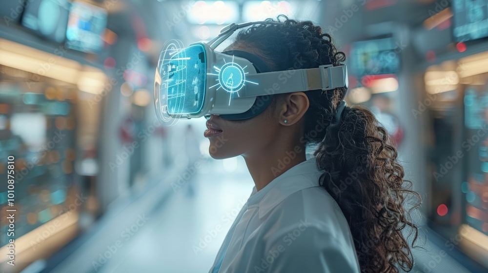 A futuristic scene of a woman wearing advanced VR goggles, immersed in a high-tech environment filled with digital displays and glowing interfaces.