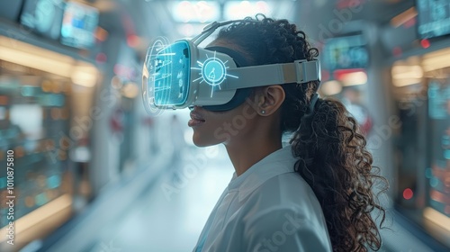 Obraz na płótnie A futuristic scene of a woman wearing advanced VR goggles, immersed in a high-tech environment filled with digital displays and glowing interfaces. w salonie
