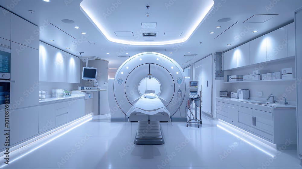 A modern, sterile medical imaging room featuring a large MRI machine and bright, ambient lighting designed for patient comfort.