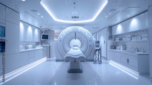 Obraz na płótnie A modern, sterile medical imaging room featuring a large MRI machine and bright, ambient lighting designed for patient comfort. w salonie