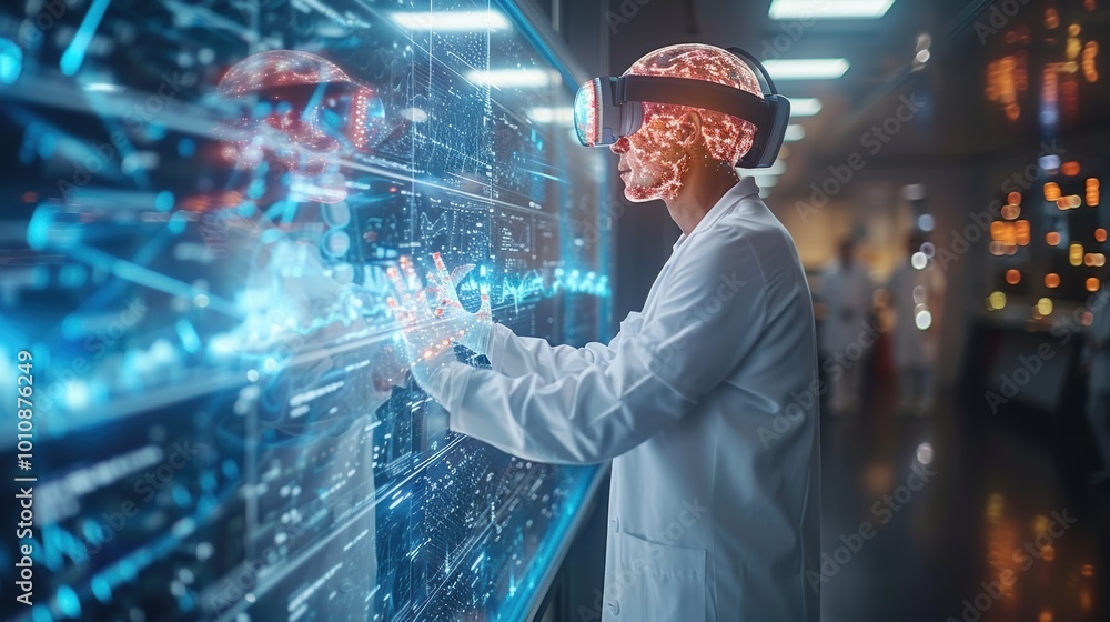 A scientist in a lab uses virtual reality, engaging with holographic data, showcasing the intersection of technology and research.