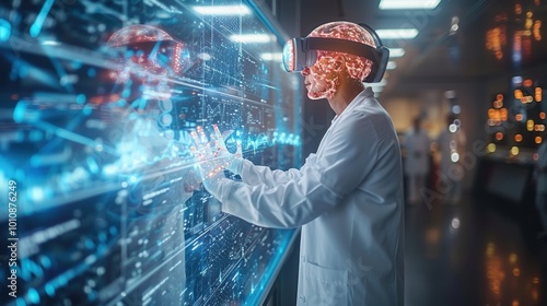 Obraz na płótnie A scientist in a lab uses virtual reality, engaging with holographic data, showcasing the intersection of technology and research. w salonie