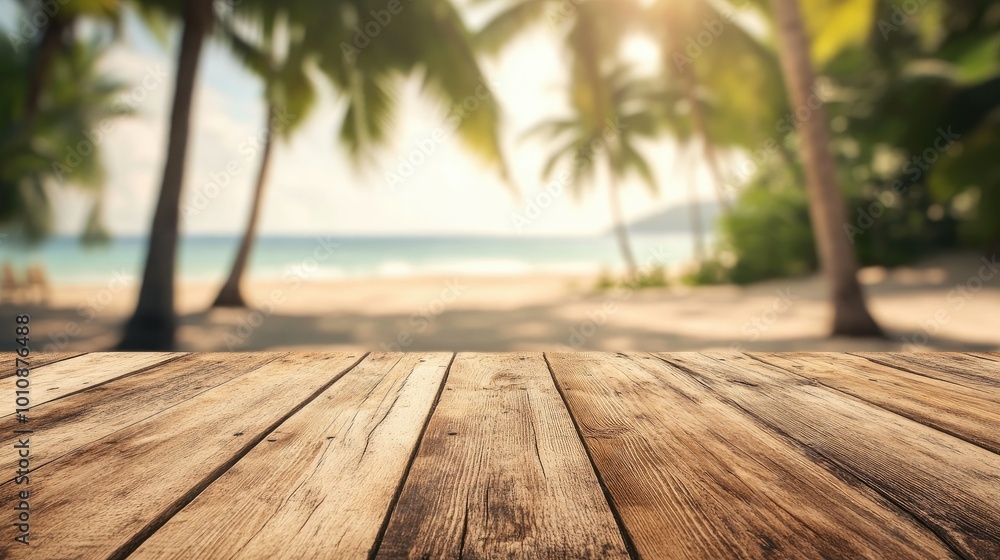 Wooden table surface with a blurry tropical beach and coconut trees in the background, ideal for summer vacation or outdoor dining themes. Wooden table surface with a blurry tropical beach and coconut trees in the background, ideal for summer vacation or outdoor dining themes.