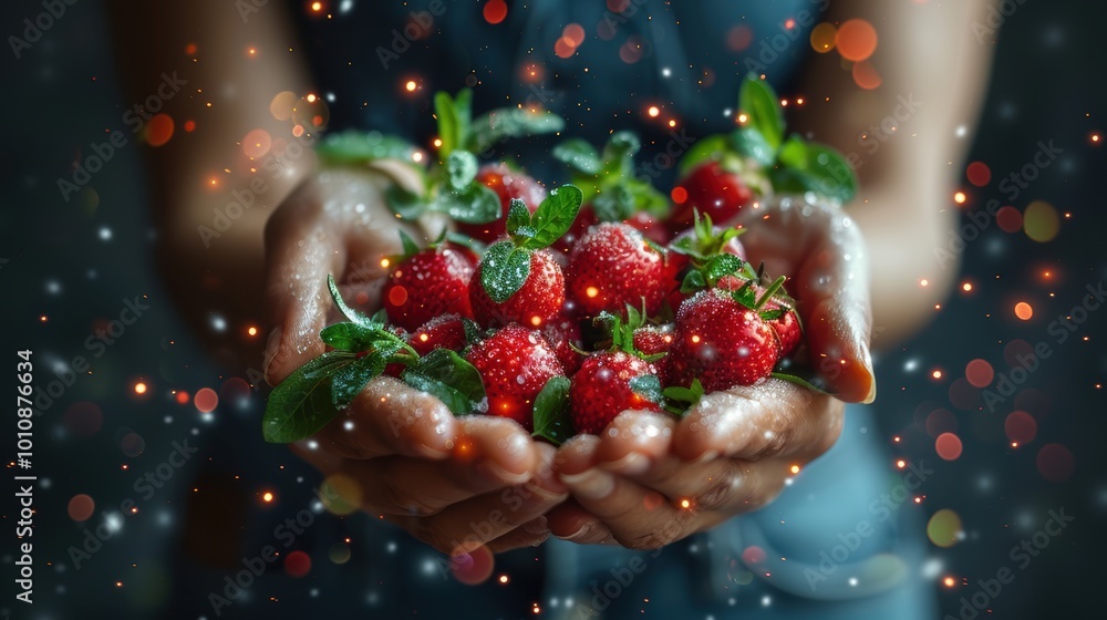 A person holds fresh strawberries garnished with mint, set against a soft, blurred background.