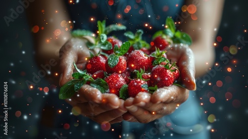Obraz na płótnie A person holds fresh strawberries garnished with mint, set against a soft, blurred background. w salonie