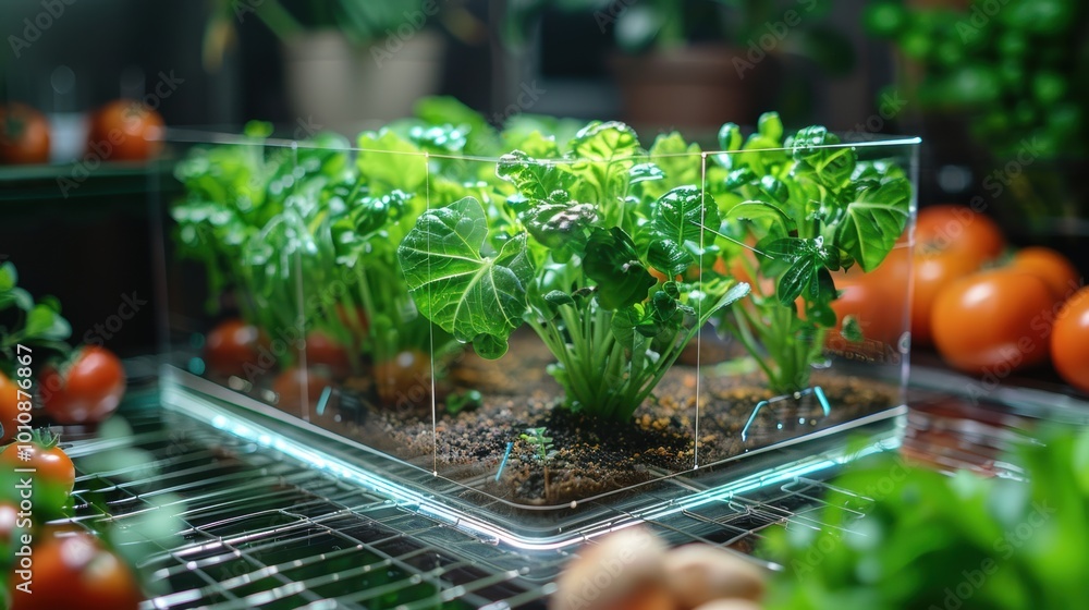 A vibrant indoor garden featuring fresh greens in a glass container, surrounded by ripe tomatoes, showcasing a healthy and sustainable lifestyle.