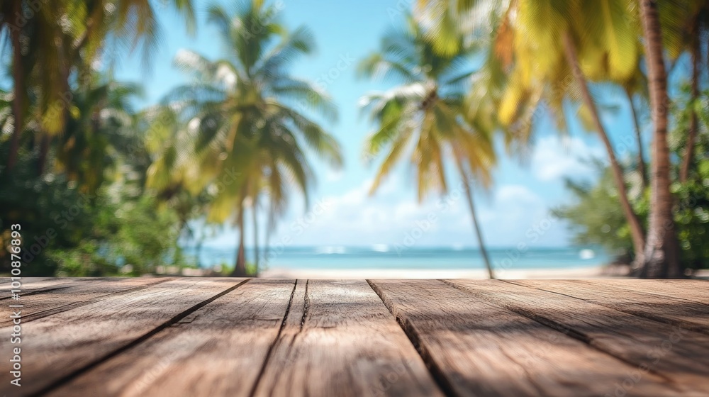 Wooden table with a blurred background of coconut trees on a tropical beach, perfect for showcasing a relaxing and sunny vacation setting. Wooden table with a blurred background of coconut trees on a tropical beach, perfect for showcasing a relaxing and sunny vacation setting.