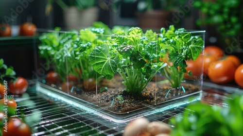 Obraz na płótnie A vibrant indoor garden featuring fresh greens in a glass container, surrounded by ripe tomatoes, showcasing a healthy and sustainable lifestyle. w salonie