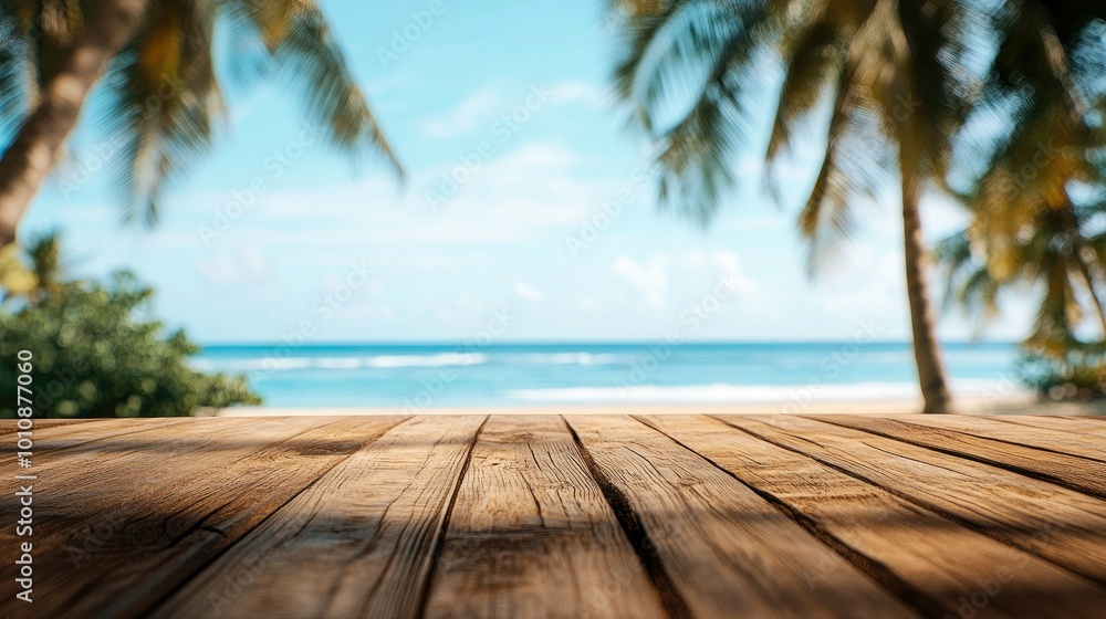 Wooden tabletop with a tropical beach view in the distance, out of focus with coconut trees and calm ocean waves in the background. Wooden tabletop with a tropical beach view in the distance, out of focus with coconut trees and calm ocean waves in the background.