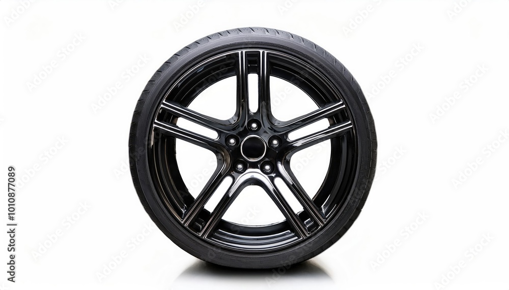 Naklejka premium Shiny black car wheel isolated on white background