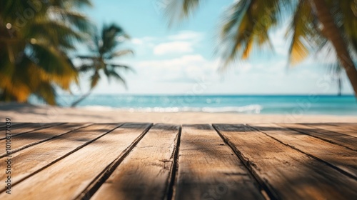 Wooden tabletop with a tropical beach view in the distance, out of focus with coconut trees and calm ocean waves in the background.