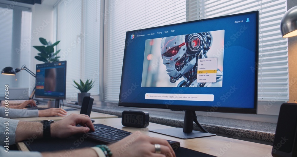 Adult man in headphones enters prompt in AI image generator on computer. Artificial intelligence chatbot generate detailed image portrait of sci-fi robot. Female colleague works on PC in background. Adult man in headphones enters prompt in AI image generator on computer. Artificial intelligence chatbot generate detailed image portrait of sci-fi robot. Female colleague works on PC in background.