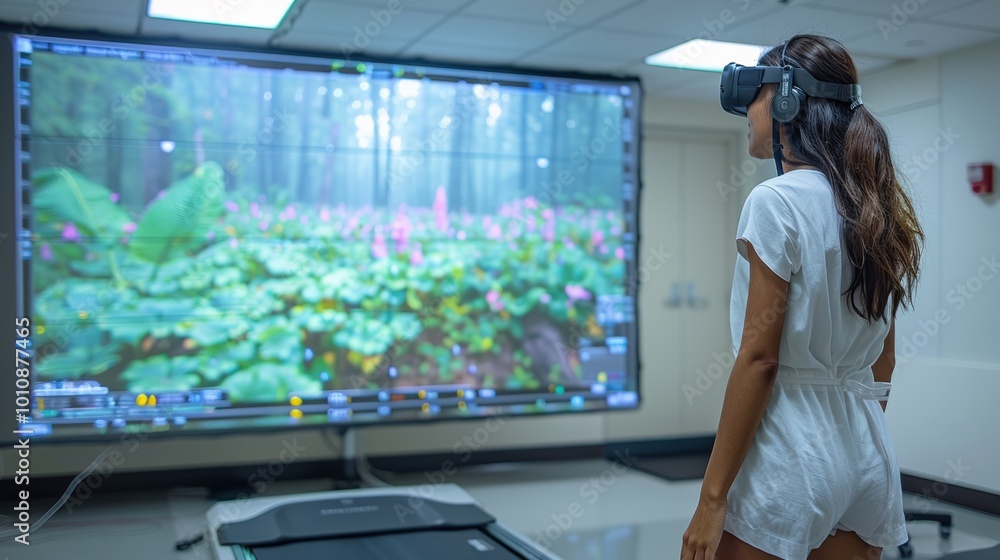 A person wearing a VR headset stands in front of a large screen displaying a lush, green forest scene.