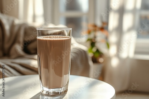Chocolate milk glass on a stylish wooden table in a bright, modern room with natural sunlight streaming through windows new beautiful stock image illustration AI