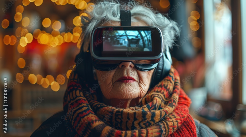 An elderly woman wears a VR headset and headphones, immersed in a virtual experience, surrounded by a cozy, festive atmosphere.